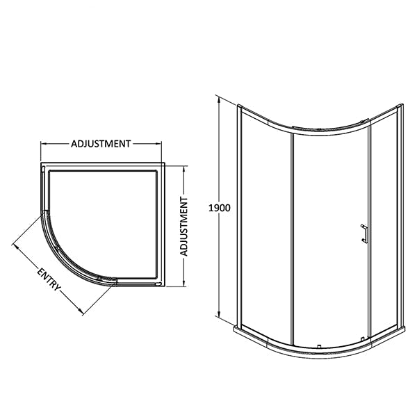 Nuie Lucie sliding door quadrant shower enclosure with aluminium frame, 900x900mm, showcasing sleek glass panels and modern design.