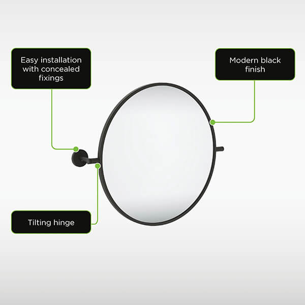 Sensio Chaol Contemporary Round Tiltable Mirror - Black Aluminium Frame - 500 x 500mm