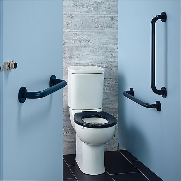 Armitage Shanks DocM ambulant close-coupled toilet pack with support rails, featuring a white ceramic toilet and safety grab bars