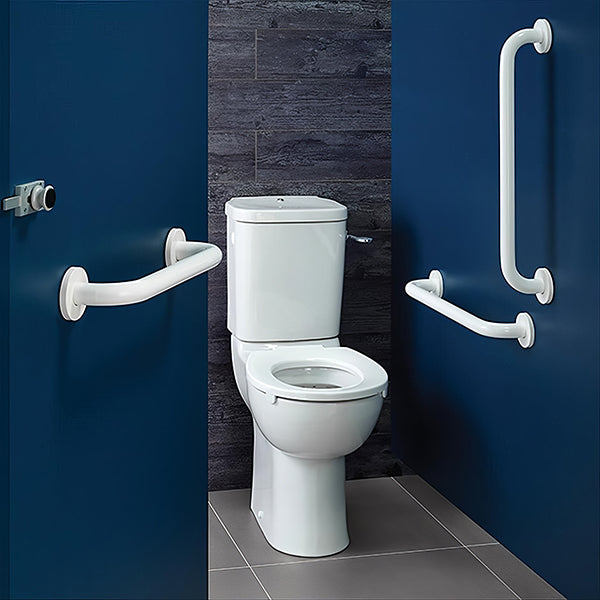 Armitage Shanks DocM ambulant close-coupled toilet pack with rails, white ceramic toilet with support rails and fittings.