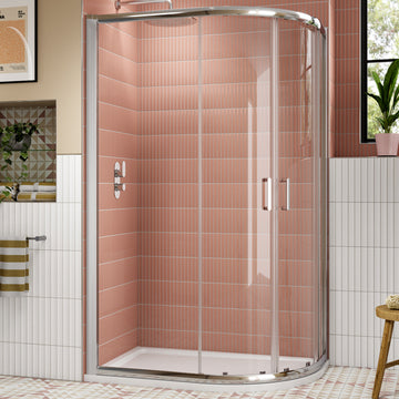 Nuie Lucie sliding offset quadrant shower enclosure with aluminium frame and two doors, 1200 x 800mm, modern bathroom design