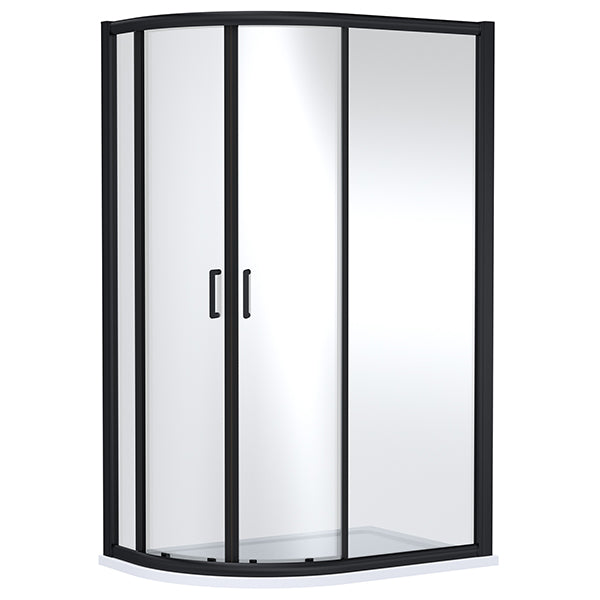 Nuie Lucie sliding offset quadrant shower enclosure with aluminium frame, two doors, measuring 1200x800mm, on a tiled bathroom floor.