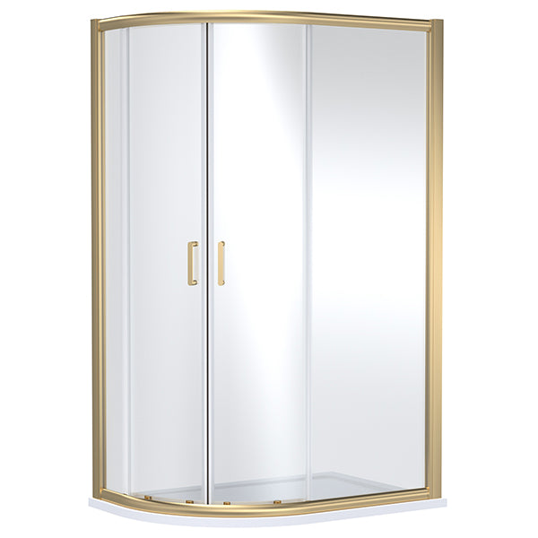 Nuie Lucie sliding offset quadrant shower enclosure with aluminum frame and two doors, measuring 1200x800mm, installed in a bathroom.