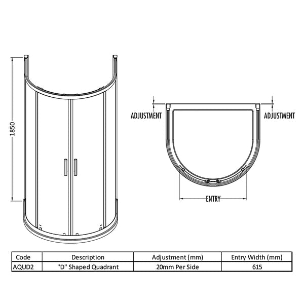 Nuie Pacific sliding D-shaped quadrant shower enclosure with 2 doors, 1050x925mm, featuring clear glass panels and chrome fittings