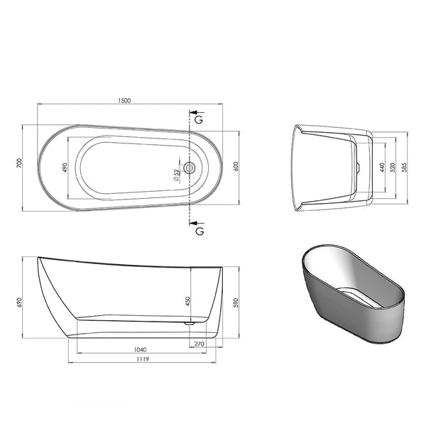 Aqua Pano 1500 x 700mm White Luxury Freestanding Slipper Bath