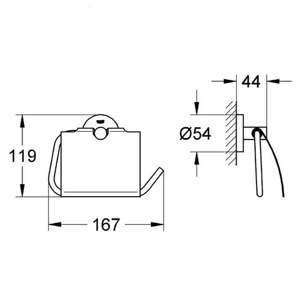 Chrome Grohe Essentials C-shaped toilet roll holder with cover, mounted on bathroom wall, designed for convenient toilet paper storage.