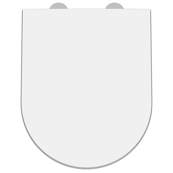 Nuie luxury D-shaped soft-close toilet seat and cover, top fix, in white, measuring 370x450mm, designed for modern bathrooms.