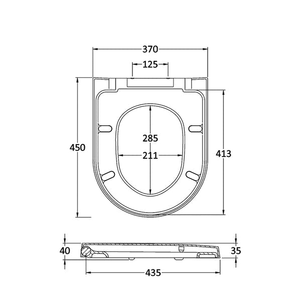 Nuie luxury D-shaped soft close toilet seat and cover, top fix, in white, measuring 370x450mm, designed for comfort and style.