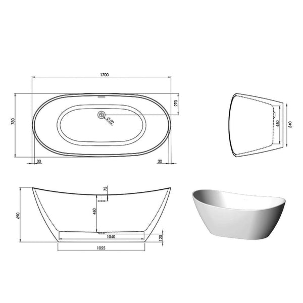 Aqua Aphrodite 1700 x 780mm Luxury Twin Skinned Freestanding Bath