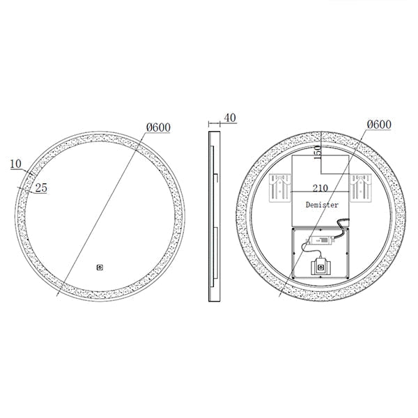 Kartell K-Vit Nero Round Black Frame LED Bathroom Mirror with Demister Pad - 600 x 600mm