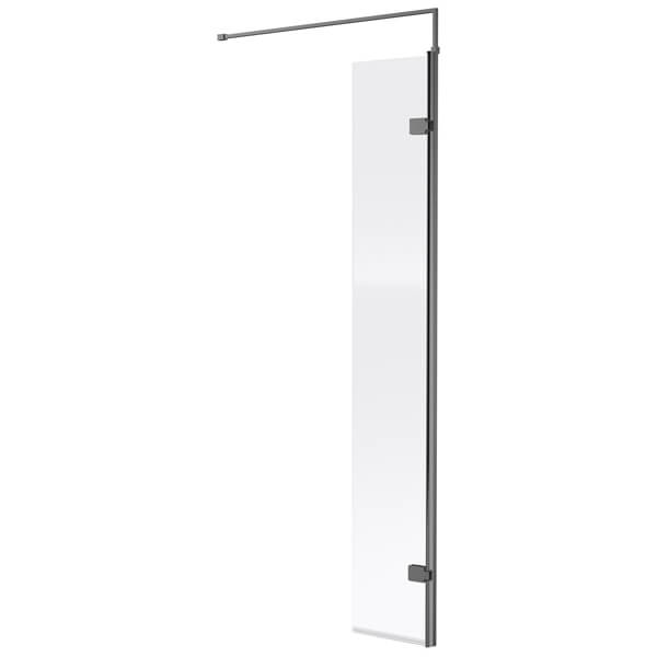Nuie frameless wetroom hinged return panel with aluminum profile, reversible, 300x1850mm, designed for modern shower enclosures.