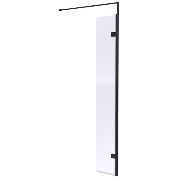 Nuie frameless wetroom hinged return panel with aluminium profile, reversible, 300x1850mm, for shower enclosure.
