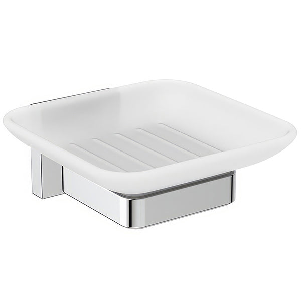 Ideal Standard IOM soap dish with chrome holder mounted on frosted glass, designed for modern bathroom decor.