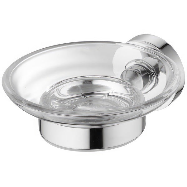 Ideal Standard IOM soap dish and chrome holder mounted on frosted glass, designed for bathroom use.