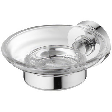 Ideal Standard IOM soap dish and chrome holder mounted on frosted glass, designed for bathroom use.