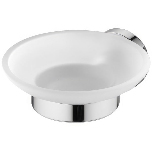 Ideal Standard IOM soap dish with chrome holder, clear or frosted glass, mounted on a bathroom wall.