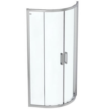 Bright silver Ideal Standard Connect-2 framed sliding two-door quadrant shower enclosure with clean glass panels and silver frame.
