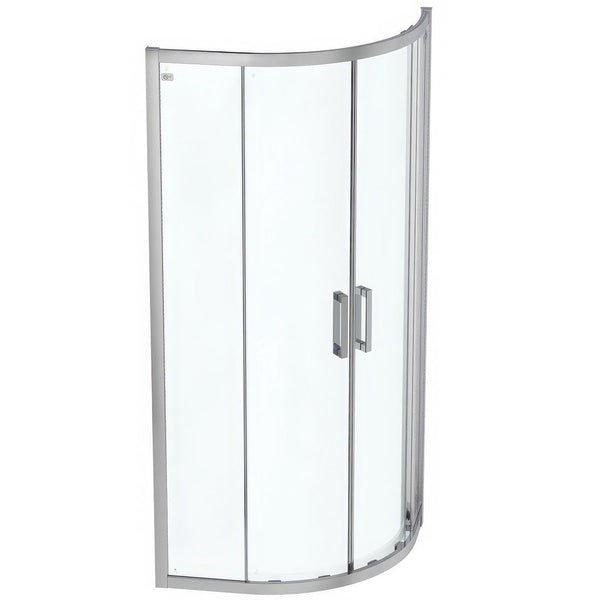 Bright silver Ideal Standard Connect-2 framed sliding two-door quadrant shower enclosure with clean glass panels and silver frame.