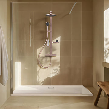 Ideal Standard I-Life frameless wetroom walk-in shower screen with bottom aluminum profile, shown in a modern bathroom setting