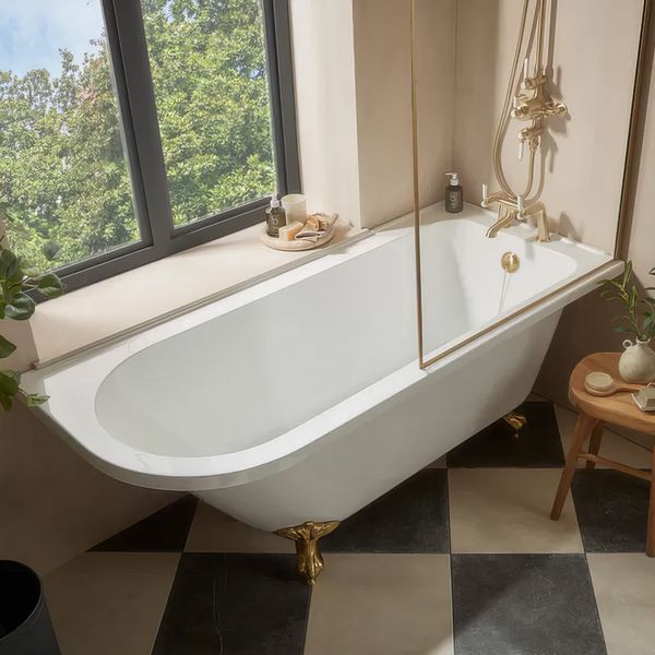 Tavistock Vitoria freestanding corner shower bath with single-ended design, measuring 1680 x 750mm, in a modern bathroom setting.