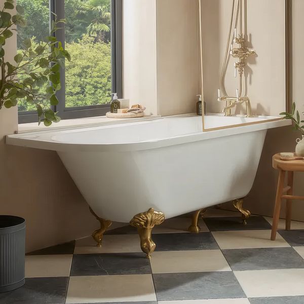 Tavistock Vitoria freestanding corner shower bath with single-ended design, measuring 1680x750mm, in a modern bathroom setting