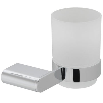 Vado Photon frosted glass tumbler with chrome holder, modern drinkware with sleek design and metallic accents.