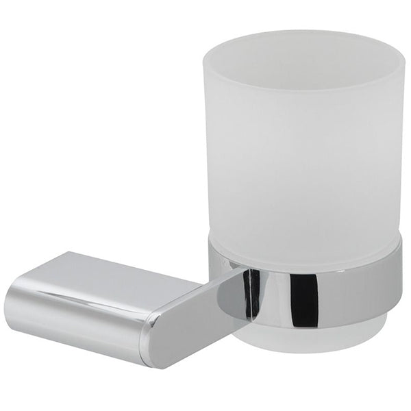 Vado Photon frosted glass tumbler with chrome holder, modern drinkware with sleek design and metallic accents.