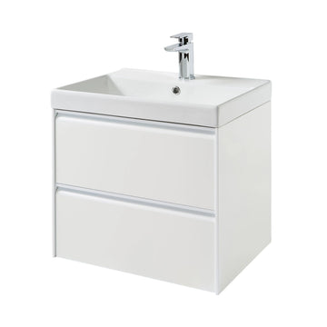 Moon 600mm 2 Drawer Wall Mounted Unit with Ceramic Basin – Matt White - Tuskan Tiles