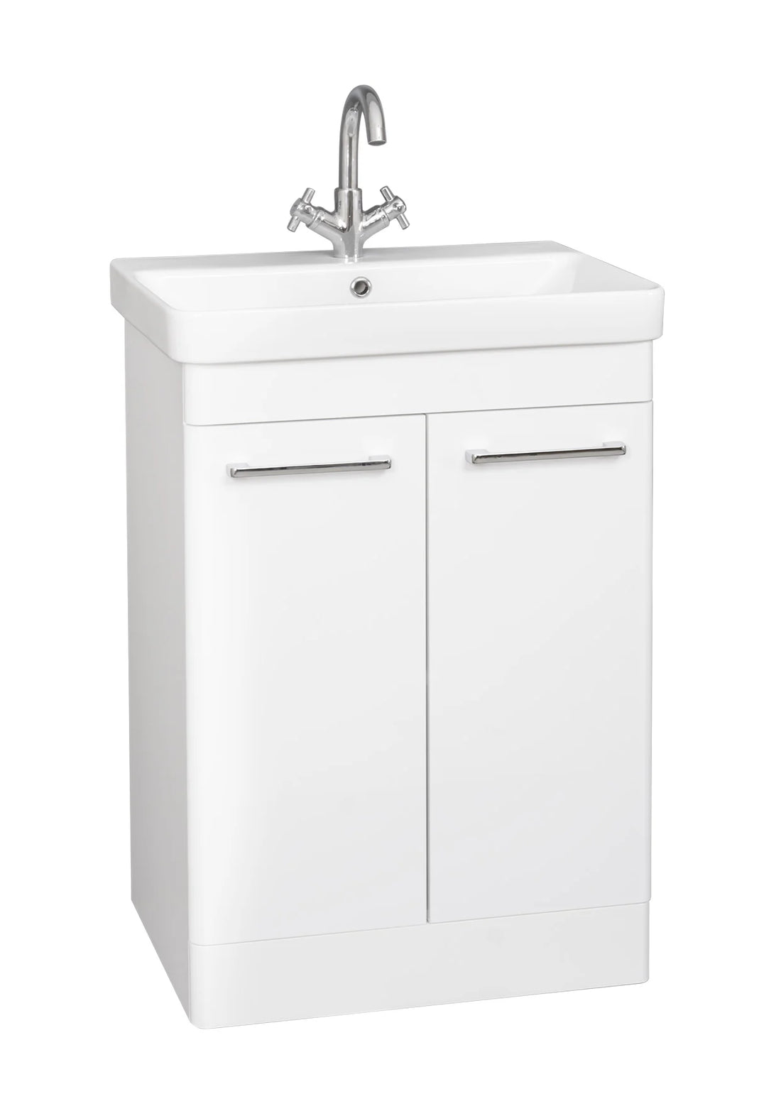 Options 24 600mm Floor Standing 2 Door Unit with Ceramic Basin – White - Tuskan Tiles