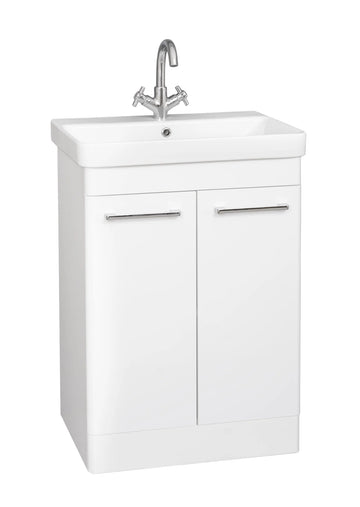Options 24 600mm Floor Standing 2 Door Unit with Ceramic Basin – White - Tuskan Tiles