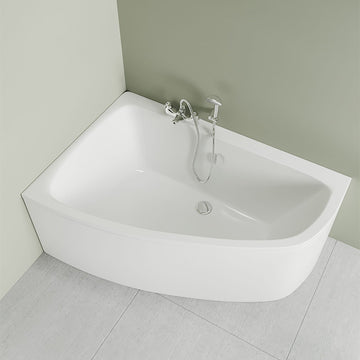 Aqua Cloud acrylic offset corner bath by Tuskan Tiles, 1500x1000mm, showcasing a modern white bathtub with sleek design.