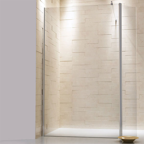 Clear glass JM S8 frameless wetroom flipper panel with aluminium profile, 275x2000mm, for shower enclosure.