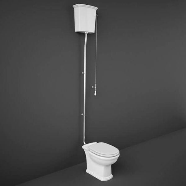 White RAK Washington high level toilet with soft close wooden seat, open back, measuring 360x860mm, ideal for modern bathrooms.