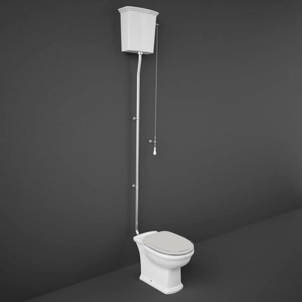 White RAK Washington high-level toilet with soft-close wooden seat, open back, measuring 360x860mm, by Tuskan Tiles.