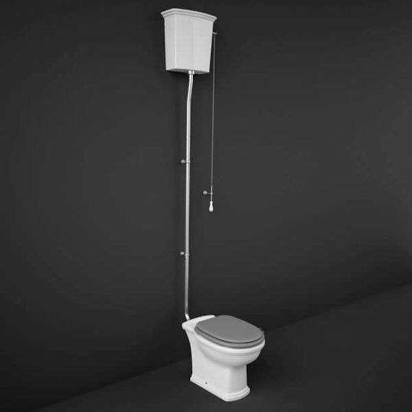 White RAK Washington high-level toilet with soft-close wooden seat, open back, measuring 360x860mm, designed for modern bathrooms.