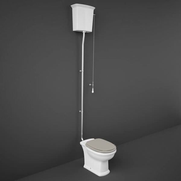 White high-level toilet from RAK Washington with soft-close wooden seat, open back, measuring 360x860mm.