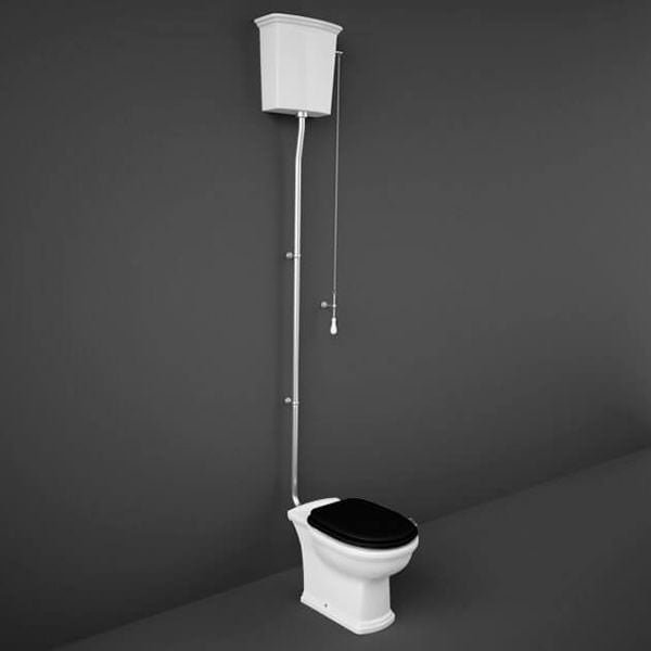 White RAK Washington high-level toilet with soft close wooden seat, open back, measuring 360 x 860mm, by Tuskan Tiles