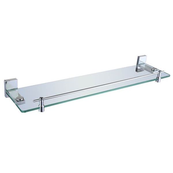 Glass shelf with chrome brackets from Tuskan Tiles' RAK Resort collection, mounted on a bathroom wall.