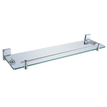 Glass shelf with chrome brackets from Tuskan Tiles' RAK Resort collection, mounted on a bathroom wall.
