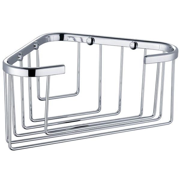 Chrome corner wall-mounted fixed wired basket with concealed fixing by Tuskan Tiles, ideal for bathroom or kitchen storage.