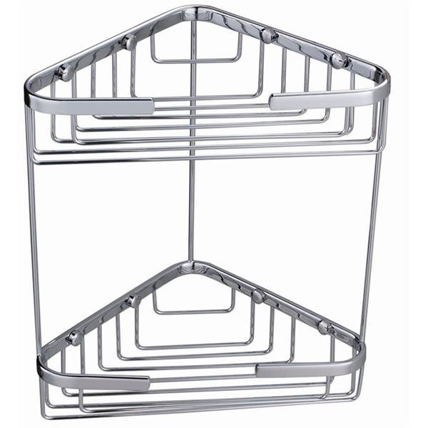 Chrome finish RAK wall-mounted double corner shower basket by Tuskan Tiles, with two tiers for organized bathroom storage.