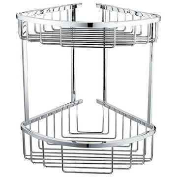Chrome finish RAK wall-mounted double corner shower basket by Tuskan Tiles, with two tiers and wired design.