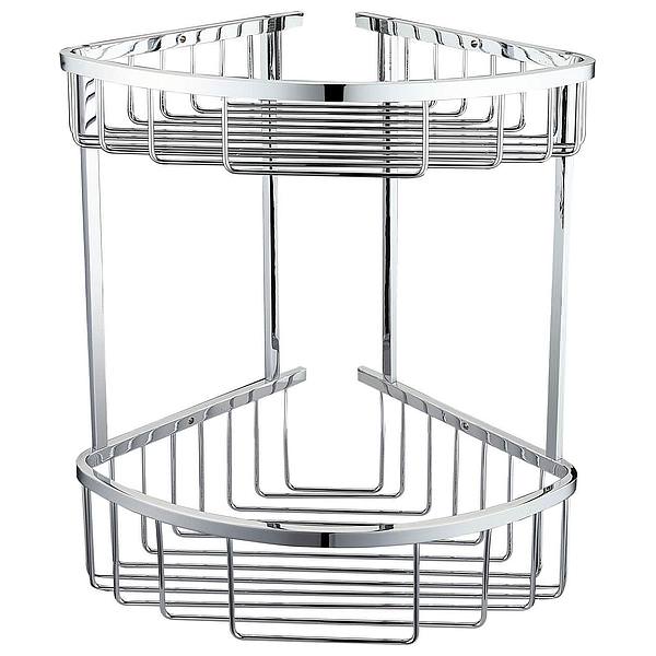 Chrome finish RAK wall-mounted double corner shower basket by Tuskan Tiles, with two tiers and wired design.