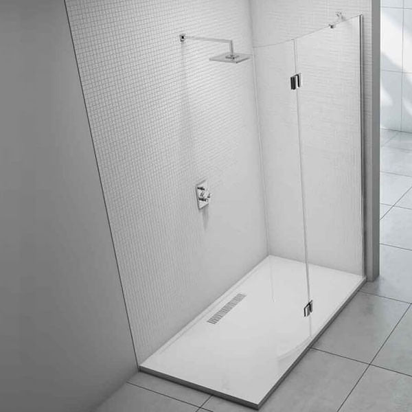 Merlyn 8-Series frameless walk-in shower enclosure with curved hinge panel and rail, modern glass shower wall design