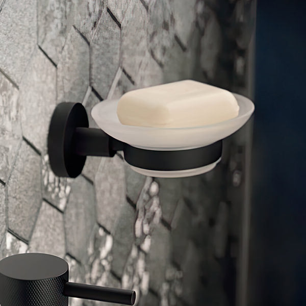 Tuskan Tiles JTP VOS wall-mounted frosted glass round soap dish and holder, 68x118mm, with mounting hardware visible