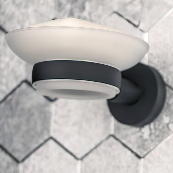 Wall-mounted frosted glass round soap dish and holder by Tuskan Tiles, 68x118mm, with sleek wall mount design.
