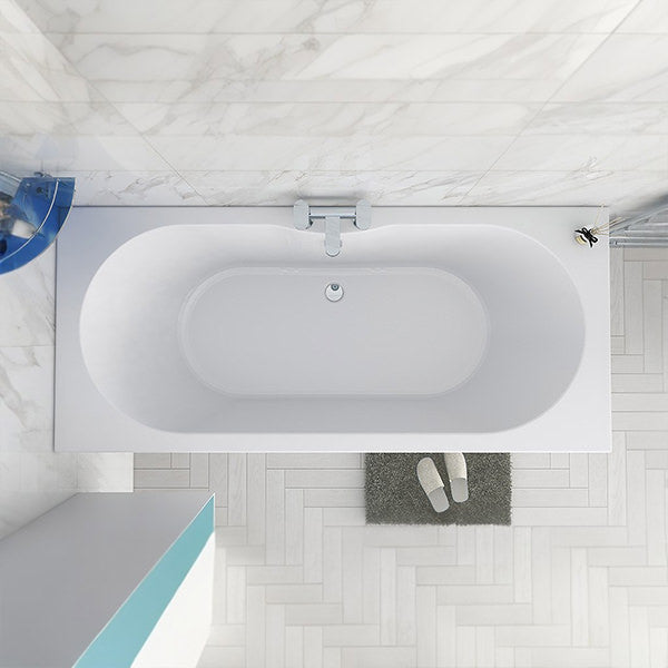White double-ended IMEX Wave Imexcast bath with leg set, 1800 x 800mm, shown in a modern bathroom setting.