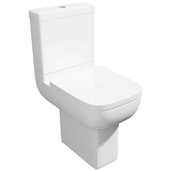 White Kartell K-Vit Options close coupled toilet with cistern, comfort height, and modern design, measuring 355 x 600mm.