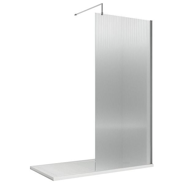 Hudson Reed fluted glass walk-in shower screen with aluminium profile and support bar, designed for modern wetroom bathrooms.