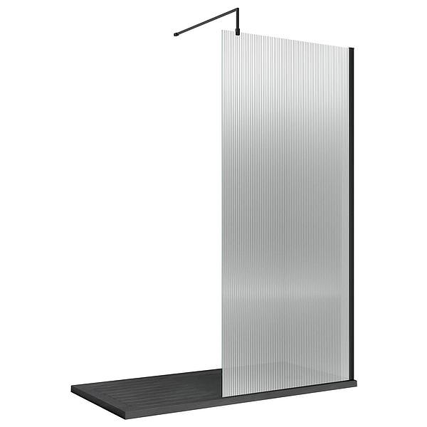 Hudson Reed fluted glass walk-in shower screen with aluminium support bar, mounted on a tiled wetroom wall.